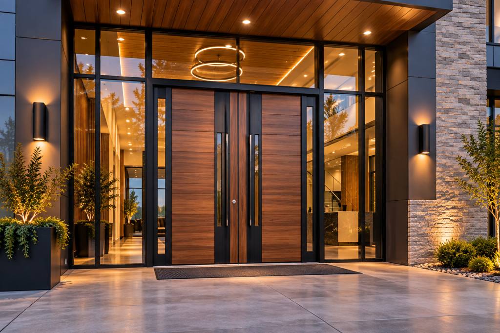 Design concept visual: architectural double security entrance in wood and dark metal framed by a tall glass curtain wall, illustrating a commercial project.