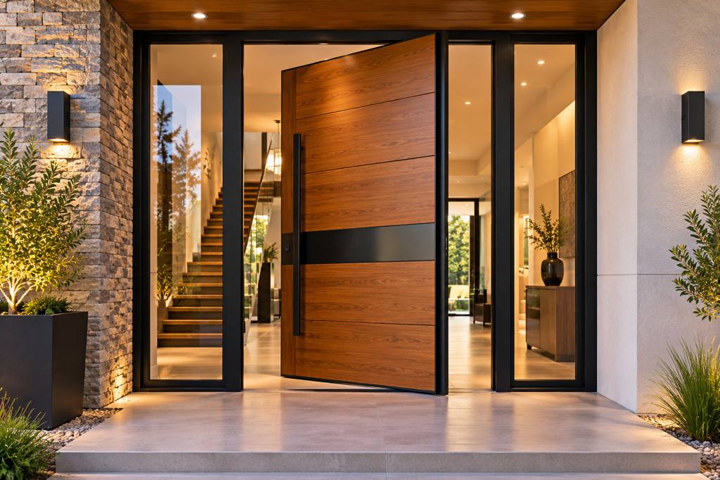 Design concept visual: large minimalist pivot-style security door combining wood and a dark metal band, shown partly open in modern architecture with full-height glass.