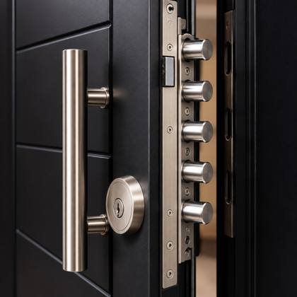 Illustrative close-up of a black security door edge showing a multi-point locking mechanism with stainless-steel locking bolts, a key cylinder and a pull handle.
