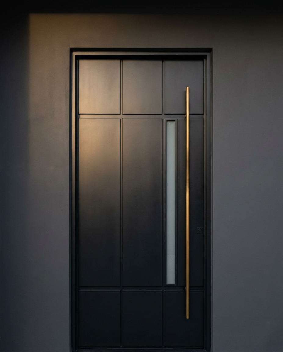 Straight-on view of a custom matte-black security door with recessed panels and a full-height brushed gold pull handle.