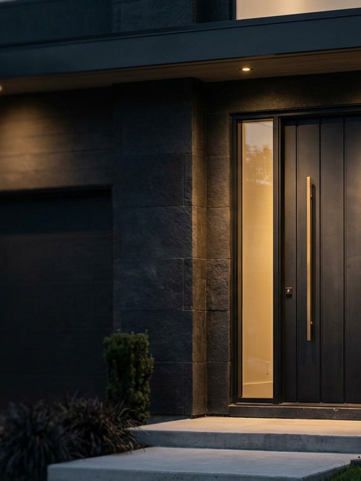 Modern residential entrance at night with a matte-black security door set into a dark architectural facade, lit by warm downlighting.